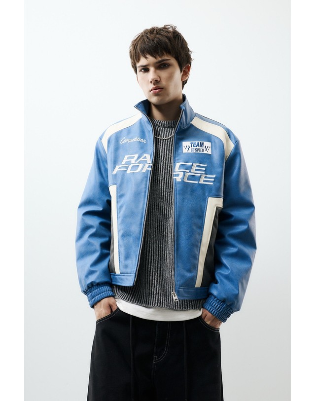 풀앤베어 풀앤베어 가죽 이펙트 레이싱 그래픽 자켓 7721/505 BLUE 블루 착용컷