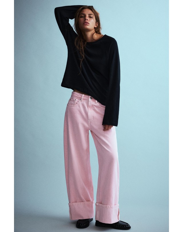 풀앤베어 풀앤베어 배기핏 턴업 코튼 데님 팬츠 7660/318 PINK 핑크 착용컷