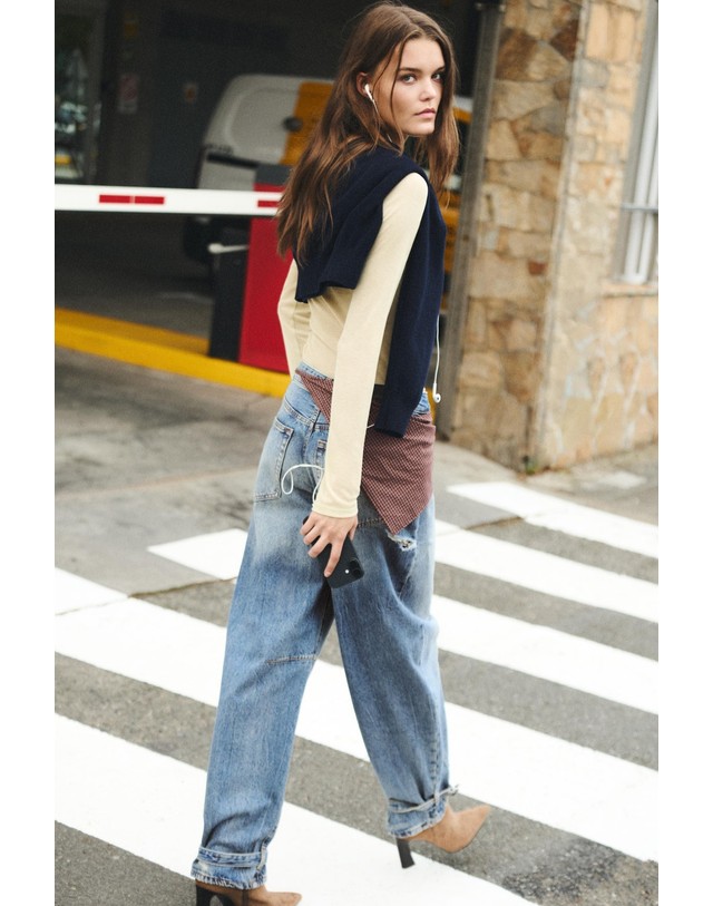풀앤베어 풀앤베어 조절 밑단 벌룬 데님 팬츠 7662/314 MEDIUM BLUE 블루 착용컷