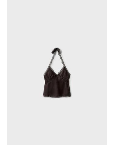 스트라디바리우스 레이스 트림 홀터넥 브이넥 탑 7164/355/400 BROWN