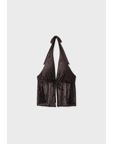 스트라디바리우스 자수 라인스톤 홀터넥 러플 탑 6609/148/400 BROWN