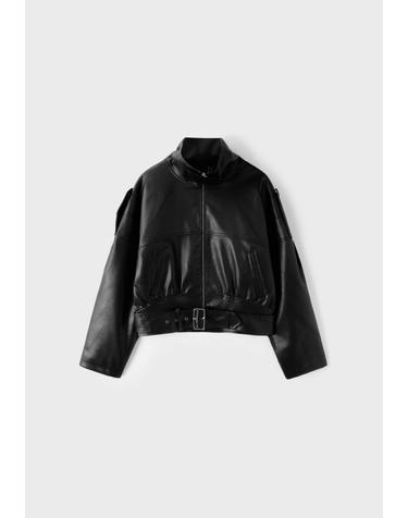 스트라디바리우스 가죽 이펙트 벨트 하이넥 집업 자켓 8610/608/001 BLACK