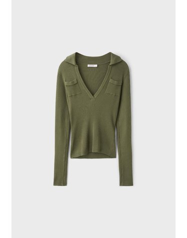 스트라디바리우스 폴로 카라 브이넥 포켓 슬림핏 립 니트 5063/800/550 KHAKI