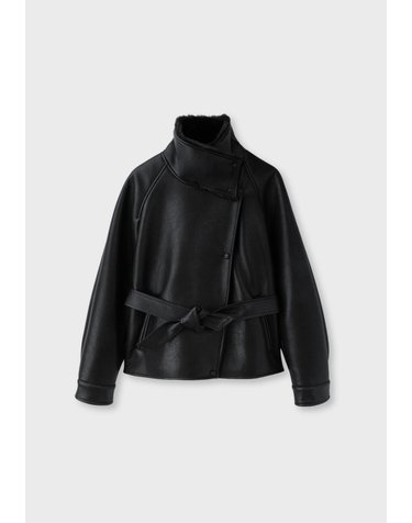 스트라디바리우스 가죽 이펙트 하이넥 벨트 자켓 5762/192/001 BLACK