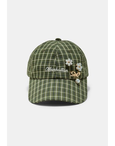 스트라디바리우스 체크 자수 펄 브로치 볼캡 3831/203/550 KHAKI