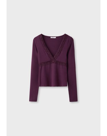 스트라디바리우스 레이스 브이넥 슬림핏 긴팔 탑 6573/317/651 DARK PURPLE