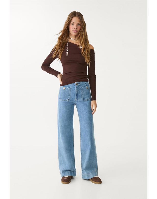 스트라디바리우스 스트라디바리우스 하이웨이스트 와이드 플레어 진 1477/779/701 MEDIUM LIGHT BLUE DENIM 블루 착용컷