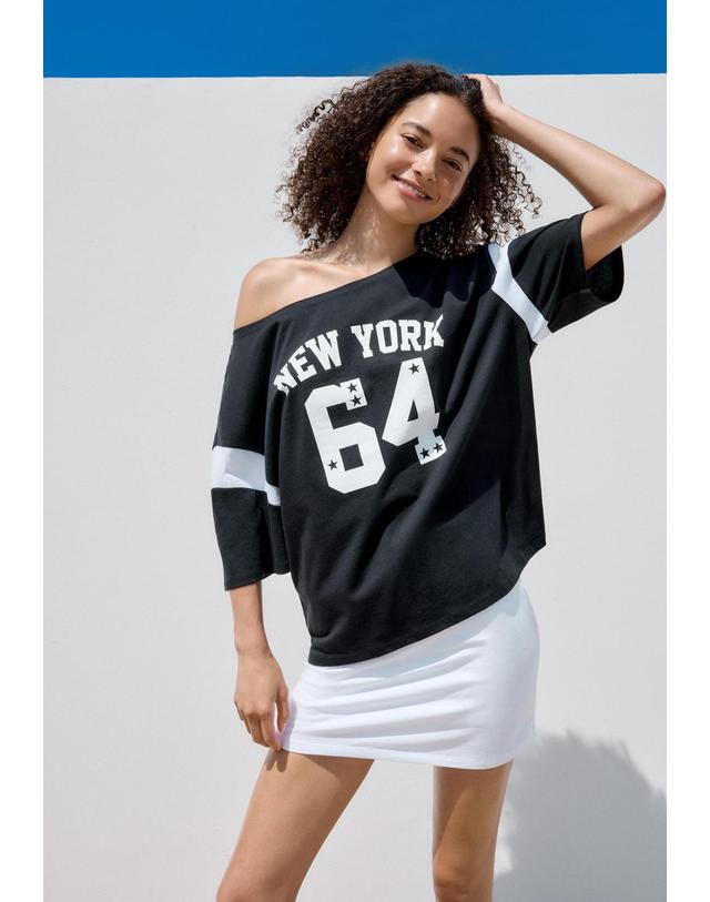 스트라디바리우스 스트라디바리우스 오버핏 보트넥 그래픽 반팔 티셔츠 8703/102/001 BLACK 블랙 착용컷