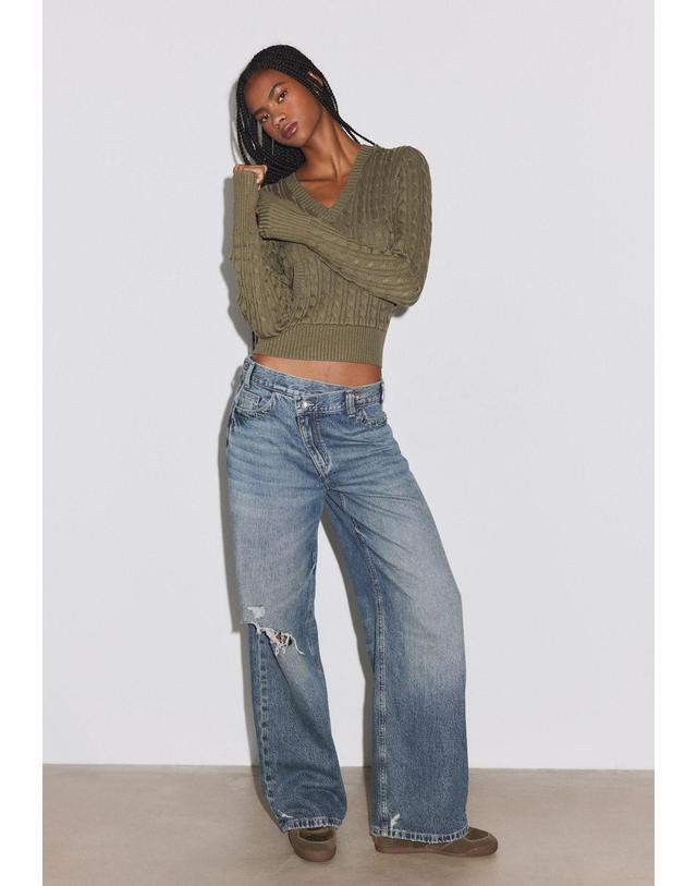 스트라디바리우스 스트라디바리우스 크로스 와이드 디스트로이드 청바지 8340/320/712 MEDIUM BLUE DENIM 블루 착용컷