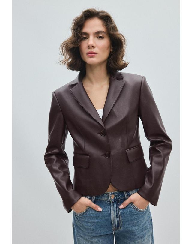 스트라디바리우스 스트라디바리우스 슬림핏 크롭 레더 이펙트 블레이저 5909/131/400 BROWN 초콜릿 착용컷