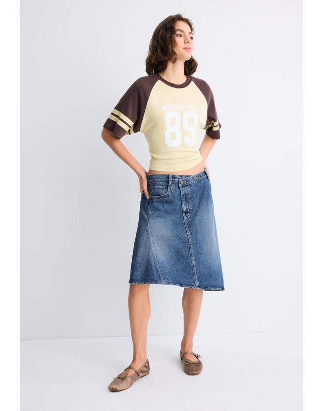 스트라디바리우스 스트라디바리우스 비대칭 헴 워시드 데님 미디 스커트 4653/633/702 MEDIUM BLUE DENIM 블루 착용컷