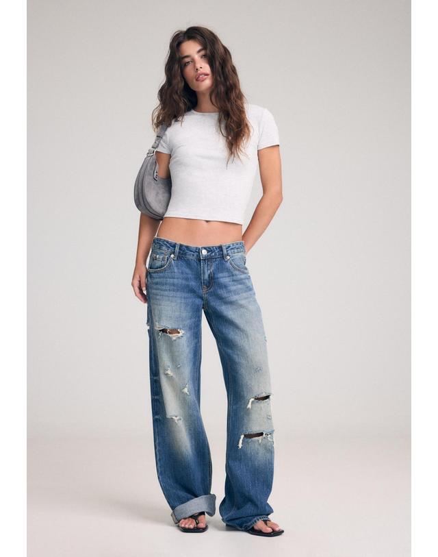 스트라디바리우스 스트라디바리우스 로우라이즈 디스트로이드 청바지 1419/215/715 MEDIUM DENIM WASH 블루 착용컷