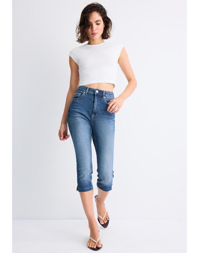 스트라디바리우스 스트라디바리우스 미드라이즈 카프리 청바지 4815/450/702 MEDIUM BLUE DENIM 블루 착용컷