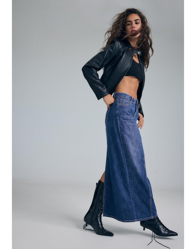 스트라디바리우스 스트라디바리우스 워시드 롱 데님 스커트 4664/257/715 MEDIUM DENIM WASH 블루 착용컷