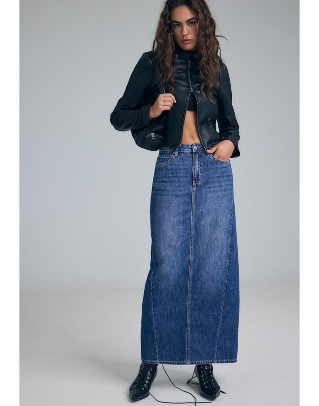 스트라디바리우스 스트라디바리우스 워시드 롱 데님 스커트 4664/257/715 MEDIUM DENIM WASH 블루 착용컷
