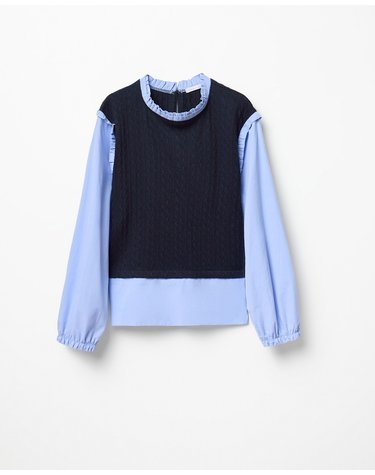 스페라 러플넥 니트 콤비 블라우스 50662300537 AZUL MARINO