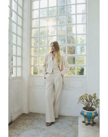카롤 린넨 스트라이프 슬랙스 팬츠 3723146 BEIGE