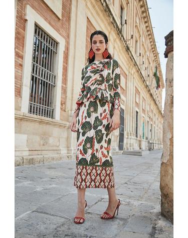 파남비 에스닉 패턴 셔링 미디 원피스 6443276 ESTAMPADO VERDE