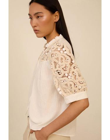 메이시 크로셰 퍼프 소매 블라우스 4013081 BLANCO