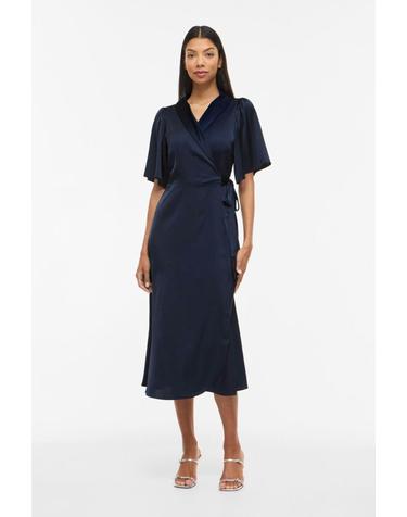 빌라 네이비 새틴 미디 랩 원피스 6443173 AZUL MARINO