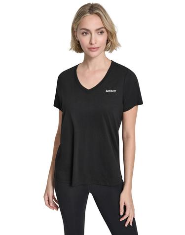디케이엔와이 DKNY 로고 브이넥 반팔 티셔츠 블랙 0143334 NEGRO