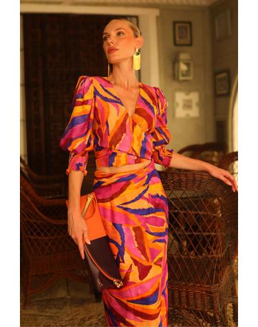 파남비 아트웍 패턴 랩 브이넥 블라우스 4019128 ESTAMPADO NARANJA