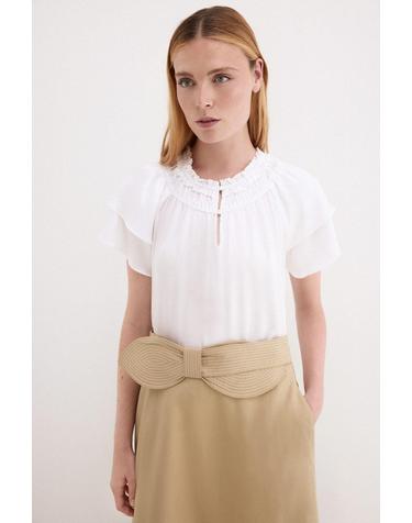 페드로 델 이에로 새틴 러플 반팔 블라우스 7654090 BLANCO