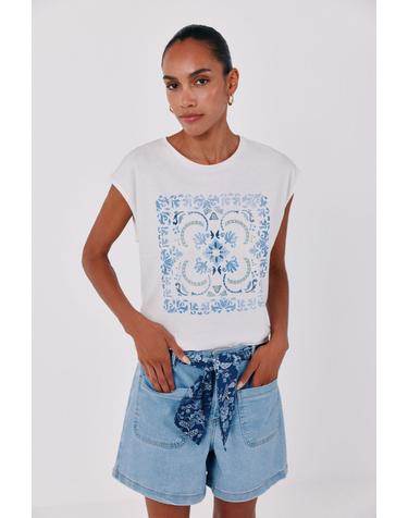 꼬르떼피엘 코튼 프린트 라운드넥 티셔츠 9164279 ESTAMPADO AZUL