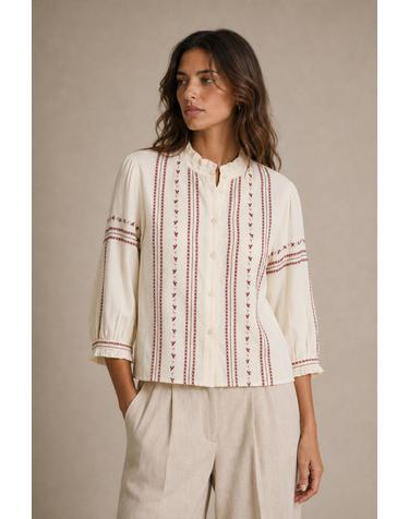 빌라 버티컬 자수 하이넥 버튼 블라우스 4314179 BEIGE