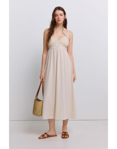스프링필드 크로셰 브이넥 스모크 미디 원피스 8954934 BEIGE