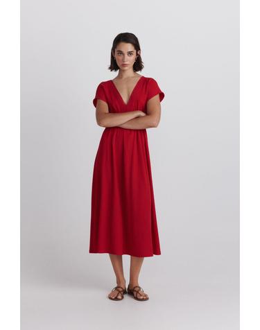 스프링필드 브이넥 반팔 플레어 미디 원피스 8954941 ROJO