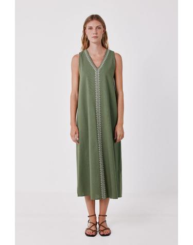 꼬르떼피엘 자수 브이넥 민소매 튜닉 롱 원피스 1874475 KAKI
