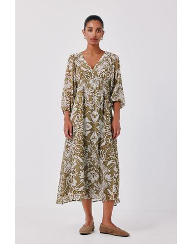 꼬르떼피엘 플로럴 프린트 브이넥 롱 원피스 1874481 ESTAMPADO VERDE