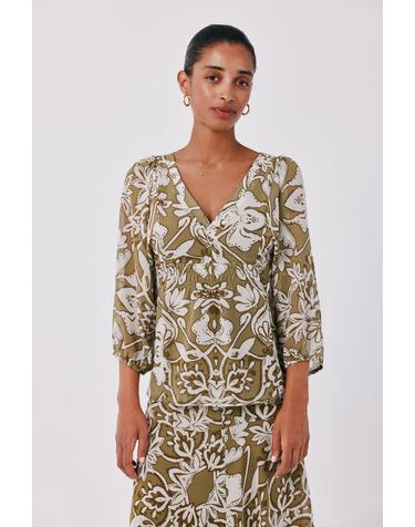 꼬르떼피엘 플로럴 프린트 브이넥 블라우스 5704227 ESTAMPADO VERDE