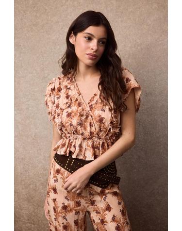 슬로우러브 플로럴 프린트 러플 블라우스 3354002 ESTAMPADO NARANJA