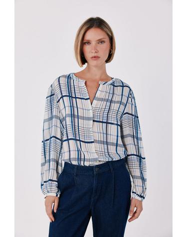 꼬르떼피엘 체크 프린트 라운드넥 긴팔 블라우스 5704242 ESTAMPADO AZUL