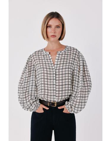 꼬르떼피엘 체크 패턴 라운드넥 긴팔 셔츠 5704242 ESTAMPADO BEIGE