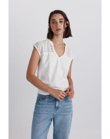 스프링필드 스위스 자수 브이넥 민소매 티셔츠 8864448 BLANCO