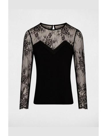 모르간 레이스 라운드넥 슬림핏 긴팔 티셔츠 5880050 NEGRO