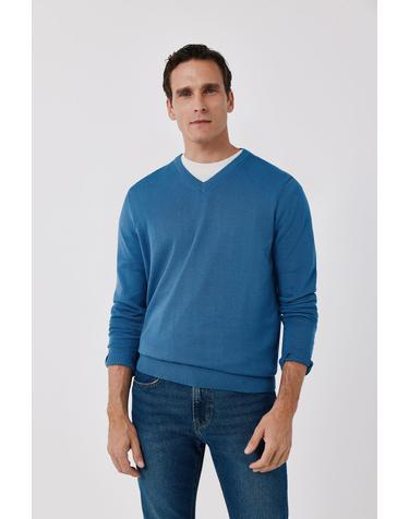 꼬르떼피엘 레귤러핏 브이넥 코튼 니트 스웨터 9864404 AZUL