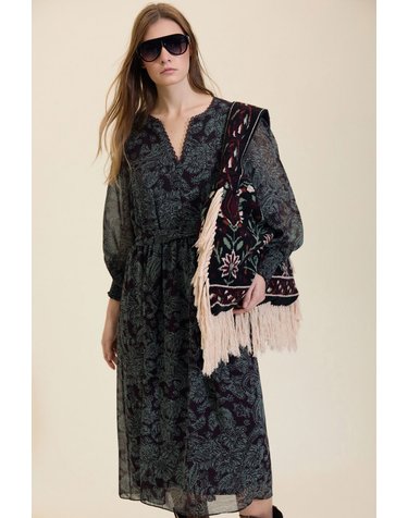 메이시 프린트 쉬폰 V넥 미디 원피스 5830247 ESTAMPADO TURQUESA