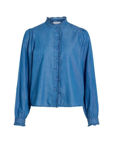 빌라 러플 하이넥 데님 블라우스 4314160 AZUL