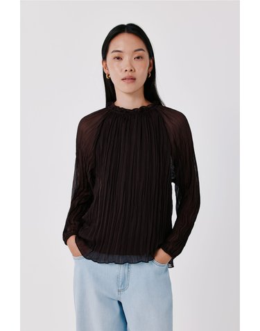 꼬르떼피엘 플리츠 러플넥 긴팔 블라우스 5704247 MARRON OSCURO