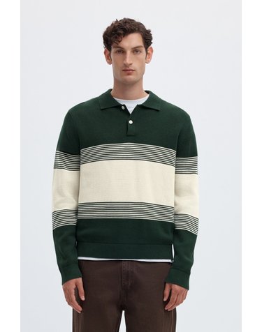 셀렉티드 스트라이프 순면 폴로 니트 탑 3734040 VERDE OSCURO