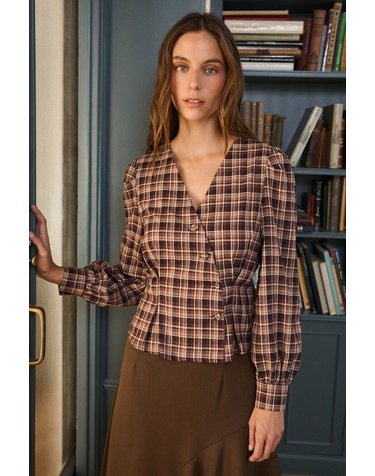 폴린에무아 체크 브이넥 버튼 긴팔 셔츠 4314295 MARRON