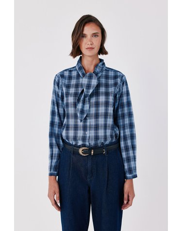 꼬르떼피엘 체크 리본넥 긴팔 블라우스 5704254 ESTAMPADO AZUL