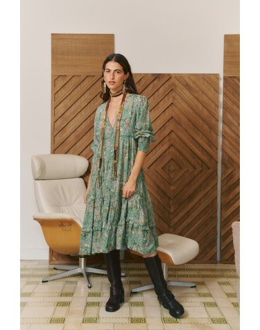 자세 페이즐리 크로셰 미디 원피스 6444152 ESTAMPADO VERDE