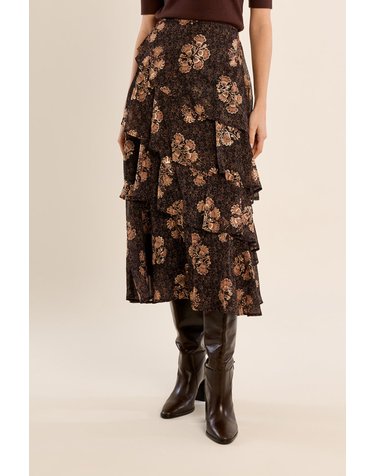 몰리브라켄 플로럴 프린트 러플 롱 스커트 5724618 MARRON OSCURO