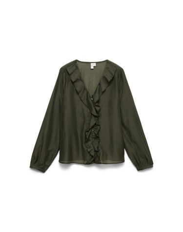 베로모다 러플 브이넥 긴팔 블라우스 4314194 VERDE OSCURO