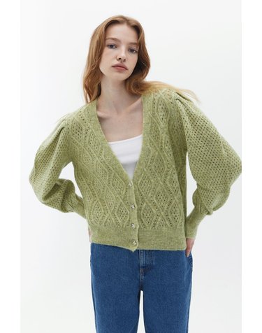 오엑스오 V넥 벌룬 소매 니트 가디건 0154485 KAKI